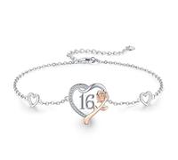 CHENGHONG 16th Birthday Bracelet, Roseflower Heart Bracelet 925 Sterling Silver Number 16th Birthday Anniversary Initial Bracelets Personalised Jewellery Gift for Women Girls……