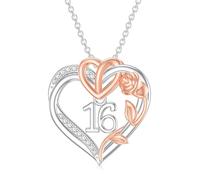 CHENGHONG 16th Birthday Necklace 925 Sterling Silver Rose Heart Necklace 16th Birthday Initial Anniversary Pendant Jewellery Gift for Women Girls