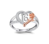 CHENGHONG 16th Birthday Ring, Adjustable Ring 925 Sterling Silver Roseflower Heart Number 16th Birthday Anniversary Ring Personalised Jewellery Gift for Women Girls…