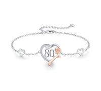 CHENGHONG 80th Birthday Bracelet, Roseflower Heart Bracelet 925 Sterling Silver Number 80th Birthday Anniversary Initial Bracelets Personalised Jewellery Gift for Women Mom Grandma……