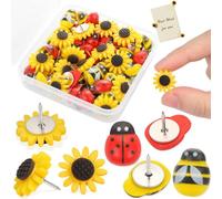 ChengJin 30 PCS Multicolor Whimsical Wood, Resin Push Pin, Bee Sunflower Ladybug Pin, Cute Pins for Pinboard, Office Cork Board Pins