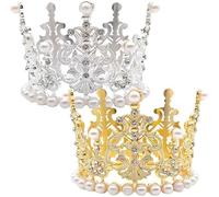CHENGLI 2PCS Small Gold and Silver Crown Decoration Mini Crown Headgear Pearl Rhinestone Mini Crowns Wedding Crown Gift Accessories for Pet Birthday Parties, Family Photos, Daily Wear