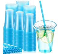 CHENGU 100 Pack - 16 oz Blue Plastic Cups with Clear Flat Lids and Blue Heart Shaped Straws Disposable Smoothie Cups for Parties Weddings Girls' Nights Out, Can Hold a Variety of Drinks
