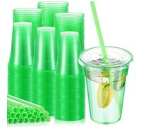 CHENGU 100 Pack - 16 oz Green Plastic Cups with Clear Flat Lids and Green Heart Shaped Straws Disposable Smoothie Cups for Christmas Weddings Tea Parties Out, Can Hold a Variety of Drinks