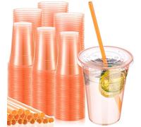 CHENGU 100 Pack - 16 oz Orange Plastic Cups with Clear Flat Lids and Orange Heart Shaped Straws Disposable Smoothie Cups for Halloween Weddings Tea Parties Out, Can Hold a Variety of Drinks