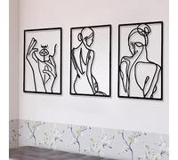 CHENGU 3 Pieces Metal Minimalist Abstract Woman Wall Art Line Drawing Wall Art Decor Single Line Female Home Hanging Wall Art Decor for Kitchen Bathroom Living Room (Black, Hand)