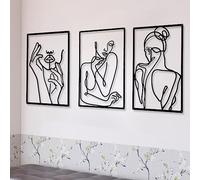 CHENGU 3 Pieces Metal Minimalist Abstract Woman Wall Art Line Drawing Wall Art Decor Single Line Female Home Hanging Wall Art Decor for Kitchen Bathroom Living Room (Black, Hand)