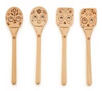 Chengu 4 Pcs Day of the Dead Wooden Spoons Dia De Los Muertos Decor Skull Silverware Set Bamboo Cooking Gift Halloween Kitchen Accessories for Women Men House Warming Gift