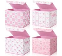 CHENGU 4 Pcs Pink Bow Storage Bin with Lid Large Pink Handle Foldable Cute Storage Box Decorative Collapsible Container Basket for Organizing Closet Home Bedroom Nursery Dorm Clothes Gift Giving