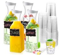 Chengu 61 Pcs Mimosa Bar Supplies 4 Pack 50 oz Plastic Water Carafe with Lid and Cups Label, Clear Plastic Pitcher with Lid Tags Drink Container for Fridge Cold Water Juice Milk Iced Tea Lemonade