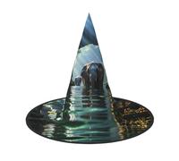 ChenGua 1 Halloween Witch Hat for Adults,Asian elephant in the water Print Foldable Steeple Wizard Costume Cap, for Holiday Party Accessory