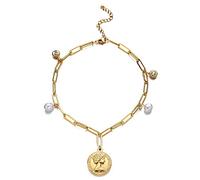 chengxun Fashion Stainless Steel Tassel Square Chain Anklet Freshwater Pearl Beauty Head Coin Crystal Anklet Summer Beach Party Accessories for Women Girls (Gold)