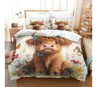 ChengzeTCo 3D Printed Cute Highland Cow Printed Cover Drawn Microfibre Bedding Hypoallergenic Set 3 Pieces,Double（200x200cm）, for Boys Adult