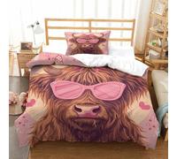 ChengzeTCo 3D Printed Cute Highland Cow Printed Cover Drawn Microfibre Bedding Sets Hypoallergenic Set 3 Pieces,Single（135x200cm）, for Boys Adult