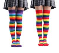 CHENGZI 2 Pairs Womens Rainbow Stripe Medium Tube Socks Copsplay Fashion Show Socks Knee Length Cotton Socks (PP+RD)