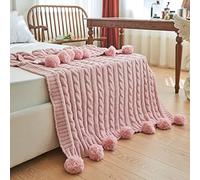 Chenille Chunky Knitted Throw Blanket with 14 pcs Pom Poms Tassel Super Soft Cozy Warm Blanket for Sofa Bed Soft Couch 50 x60 inches (Pink)?-¡