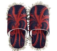 Chenille Cleaning House Slippers Sea Tentacle Pattern Red and Black Ocean | Washable Floor Mopping Slippers for Kitchen Bedroom