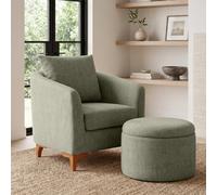 Chenille Fabric Green Armchair With Footstool And Storage Angela - Sprung Cushion, Delivery In Box