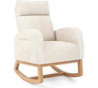 Chenille Fabric Upholstered Rocking Chair with Headrest, Side Pocket, and Solid Wood Legs for Nursery, Living Room, and Bedroom Comfort