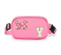 Chenille Initial Letter Bow Mouse Fanny Pack, Waterproof Park Crossbody Bag Christmas Birthday Gifts for Teen Girls Daughter Women Kids Adults, Cute Belt Bag Must Haves for Park Travel, Pink, 8.3in x