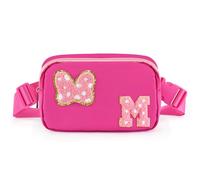 Chenille Initial Letter Bow Mouse Fanny Pack, Waterproof Park Crossbody Bag Christmas Birthday Gifts for Teen Girls Daughter Women Kids Adults, Cute Belt Bag Must Haves for Park Travel, Rose Red, M
