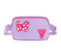 Chenille Initial Letter Bow Mouse Fanny Pack, Waterproof Park Crossbody Bag Christmas Birthday Gifts for Teen Girls Daughter Women Kids Adults, Cute Belt Bag Must Haves for Park Travel, Purple, V
