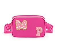 Chenille Initial Letter Bow Mouse Fanny Pack, Waterproof Park Crossbody Bag Christmas Birthday Gifts for Teen Girls Daughter Women Kids Adults, Cute Belt Bag Must Haves for Park Travel, Rose Red, P