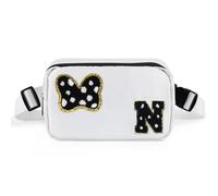 Chenille Initial Letter Bow Mouse Fanny Pack, Waterproof Park Crossbody Bag Christmas Birthday Gifts for Teen Girls Daughter Women Kids Adults, Cute Belt Bag Must Haves for Park Travel, White, N