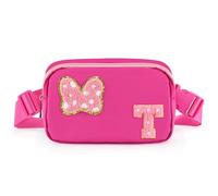 Chenille Initial Letter Bow Mouse Fanny Pack, Waterproof Park Crossbody Bag Christmas Birthday Gifts for Teen Girls Daughter Women Kids Adults, Cute Belt Bag Must Haves for Park Travel, Rose Red, T
