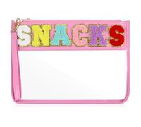Chenille Letter Bag Clear Makeup Organizer Bag Water-Proof Travel Snack Pouch with Glitter Patch Letters Nylon Zipper Pouch for Travel Gym Beach(Pink)