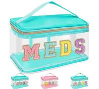 Chenille Letter Bag Clear MEDS Makeup Pouch, Preppy Small Medicine Bag Travel Drugs Pills Zipper Pouch with Handle, Nylon Waterproof Portable Meds Bag Toiletry Organizer for Patient Nurse(MEDS-Green),