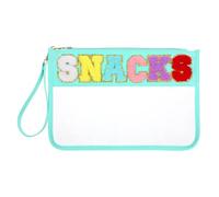 Chenille Letter Bag Clear Travel Makeup Bag Snack Pouch Water-Proof Flat Pouch with Zipper PVC Clear Preppy Patch Cosmetic Travel Bags Toiletry Organizer Storage for Women Girl Travel Gym Beach