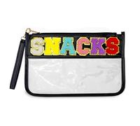 Chenille Letter Bag Snack, Clear Preppy Patch Cosmetic Pouch with Zipper, Waterproof Transparent PVC Travel Make Up Bag for Toiletries Gym Beach (Black)