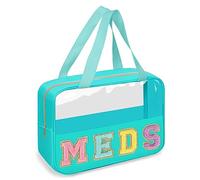 Chenille Letter Clear Makeup Bag MEDS Tote, Large Preppy Medicine Bag Travel Drugs Pills Bag Zipper Pouch with Handle,Waterproof Nylon Portable Cute Cosmetic Toiletry Storage Bag for