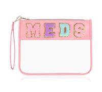 Chenille Letter Clear Zipper Flat Pouch Transparent Waterproof Stuff Cosmetic Bags Travel Makeup Bag with Zipper Toiletry Bag with Preppy Patch for Women & Children, Travel, Gym, Beach (MEDS)