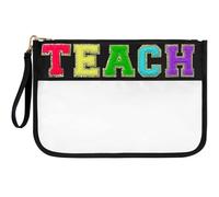 Chenille Letter Clear Zipper Pouch for Travel Preppy Patch Makeup Bag-Nylon Cosmetic Preppy Makeup Waterproof Organizer Bag Set for Women Valentines Bag, Black-Teach, Fashion