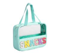 Chenille Letter Patch Clear Bag,Preppy Multi-purpose PVC&Nylon Clear Makeup Bag with Handles,Large Travel Makeup Toiletry Storage Zipper Pouch, Tote Bag for Women, Mint-Snacks