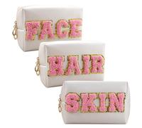 Chenille Letter Patch Makeup Bag, Preppy Cosmetic Bag PU Leather Skincare Bag with Zipper, Toiletry Bag Waterproof Travel Organizer for Women Face Hair Skin Makeup Bag 3 Pcs