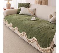 Chenille Sofa Cover, All-season Sofa Protector with Tassel, Anti-Slip Anti-Scratch Washable Furniture Protector, for L-shape & Sectional Sofas Pet-friend Green 110 * 210cm