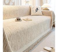 Chenille Sofa Cover with Fringe - Non-Slip Reversible Striped Couch Protector, Pet-Friendly Throw Blanket for 1-5 Seater Sofas, Machine Washable (180x130cm, White)