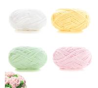Chenille Yarn & Super Chunky Yarn - 4 Pack (4x50g) Soft Knitting Wool for Crochet and Hand Knitting, Crochet Yarn for Beginner Friendly (White, Pink, Yellow, Green)