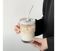 CHENKEE Glass Coffee Mugs, 400ml Capacity, Transparent, Reusable, Nanoglass, Round, Straw Cup with Lid
