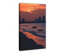 Chennai, Tamil Nadu Art Print, Marina Beach Sunset Silhouette Canvas Poster Bedroom Decor Landscape Office Room Decor Gift 12" L X 18" W