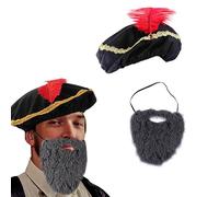 CHENNAN Medieval Hat with Beard Renaissance Hat for Men with Long Moustache Beret Medieval Hood Funny Beard for Halloween, Masquerade, Cosplay Accessories (Black)