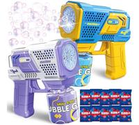 Chennyfun 2 In 1 Kids Bubble Gun Kit Age 4+, Colorful Automatic Bubble Machine with 12 Bubble Solutions, Bubble Maker Party Favors Outdoor Toys for Kids