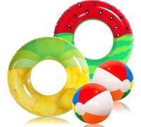 Chennyfun 4 Pack Inflatable Pool Floats Swimming Rings for Kids Adults, Fruit Theme with 2 Beach Balls, Pool Floating Swimming Ring Tube Inflatable Float Toys for Summer Beach Water Party