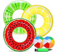 Chennyfun 6PCS Inflatable Pool Floats for Kids Adults, Fruit Swimming Rings with 2 Beach Ball & 1 Air Pump, Swim Tube Rings Inflatable Float Toys for Swimming Pool Party Decorations