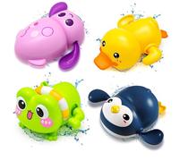 Chennyfun Baby Bath Toys, 4 Pcs Wind Up Bath Toys for Kids, Floating Bathtub Game Swimming Toy Set-Penguin Duck Frog Squid Clockwork Pool Toy, Baby Shower Time Gift for Girl Boy Toddler 1 2 3 Year Old
