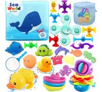 Chennyfun Dolphin Baby Bath Toy Set, 32PCS Floating Ocean Animal Themed | Bath Squirt Toy,With Baby Bath Book,Suction Spinners,Fishing Net Education Teaching and Learning Toys for Toddlers and Kidsn