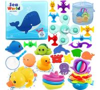 Chennyfun Dolphin Baby Bath Toy Set, 32PCS Floating Ocean Animal Themed Bath Squirt Toys With Baby Bath Books, Suction Spinners, Fishing Net, Education Teaching and Learning Toys for Toddlers and Kids